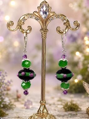 Wedding Cake Art Glass & Faceted Crystal Beaded Dangle Pierced Earrings